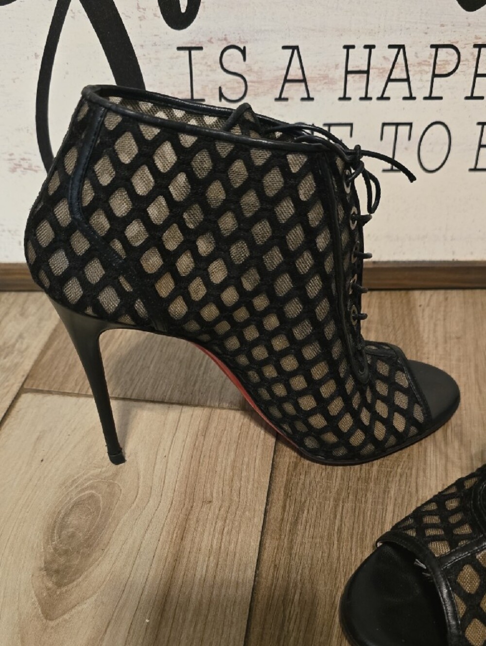 Christian Louboutin Black Mesh Lace-Up Peep-Toe 100 Heels Size (37-1/2) - Picture 3 of 15